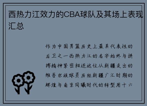 西热力江效力的CBA球队及其场上表现汇总